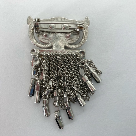 Owl Brooch Pin Clear Rhinestone Dangle Tail Silver Tone With Black Eyes and Tips - Picture 2 of 2